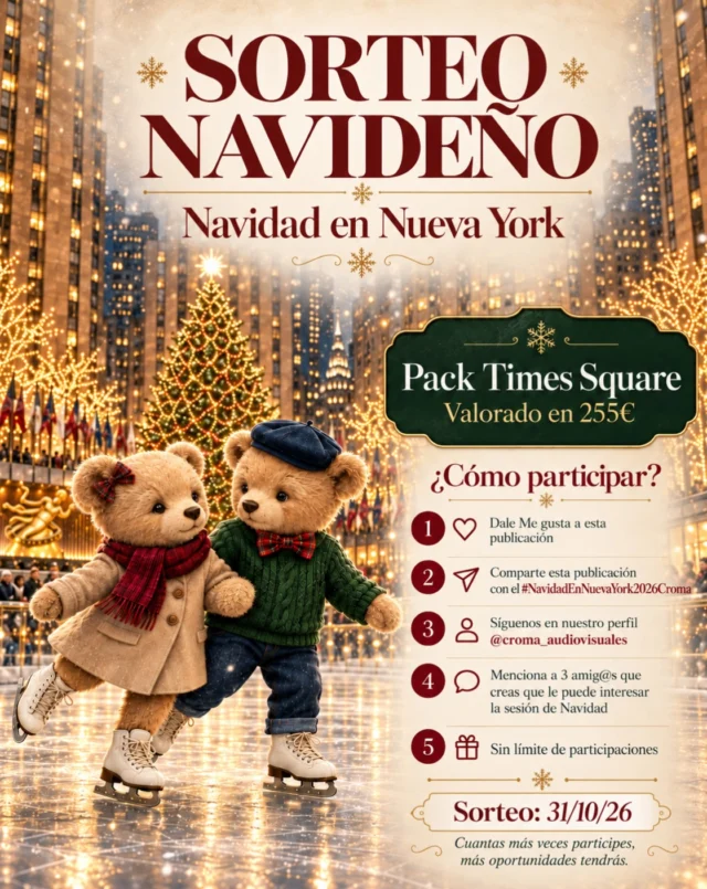 🗽✨ SORTEO NAVIDAD EN NUEVA YORK 2026 ✨🧸
Esta Navidad, en Croma Fotografía, viajamos al corazón de Nueva York para crear recuerdos que os acompañen para siempre.
Una campaña pensada para la infancia, la ternura y esos momentos que pasan demasiado rápido… pero que, por suerte, se pueden guardar en una fotografía.
Para celebrarlo, sorteamos nuestro Pack Times Square, valorado en 255€ 🎁
Un pack muy especial para vivir una Navidad de película y llevarte un recuerdo para siempre.
❤️ Dale Me gusta a esta publicación
📲 Comparte esta publicación en tus stories con el hashtag #NavidadEnNuevaYork2026Croma
👀 Síguenos en nuestro perfil @croma_audiovisuales
💬 Menciona a 3 amig@s que creas que les puede interesar la sesión de Navidad 
✨ No hay límite de participaciones: puedes participar tantas veces como quieras, siempre que menciones a personas diferentes.
📅 El sorteo se realizará el 31/10/26
Porque la Navidad pasa…
pero hay recuerdos que se quedan a vivir para siempre. ❤️
#NavidadEnNuevaYork2026Croma #NavidadEnNuevaYork #SorteoNavidad #cromafotografiagava